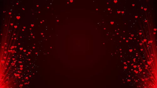 Romantic Red Hearts, Particles, and Light Beams Background