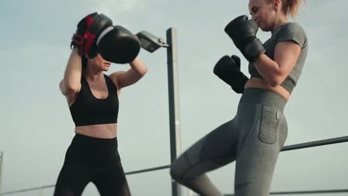 Two Athletic Women Boxing Outdoors in Daytime
