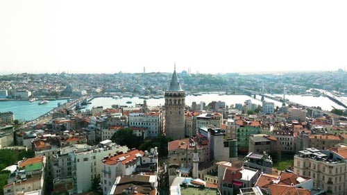 Cinematic Establishing Drone Video of the Galata Tower in Beyoglu District In Istanbul, Turkey.