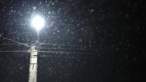 Real Snowfall Winter Snow at Night Single Lone Light Lamp Illuminating Street Cold Weather Blizzard