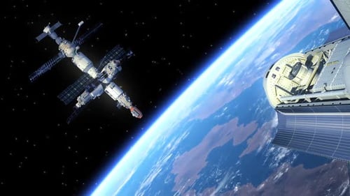Spacecraft orbiting Earth with space station in view