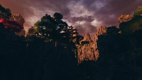 Wunderschöner asiatischer Tempel inmitten der Berglandschaft in der Dämmerung