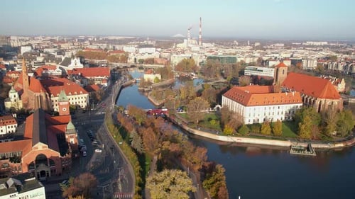 Oder River And Small Island In The City Center Of Wrocław, Poland. Aerial Shot