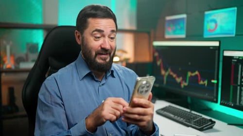 Happy Businessman Cryptocurrency Exchange Phone