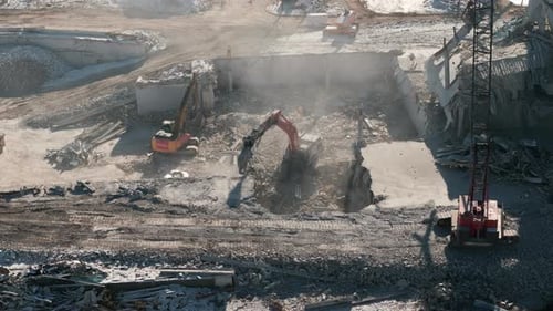 Digger Working in a Demolition Site Aerial Shot
