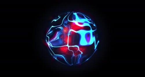 Bunte leuchtende rotierende Energiekugel, Neutronenstern auf schwarzem Hintergrund, magischer Flüssigkeitsball