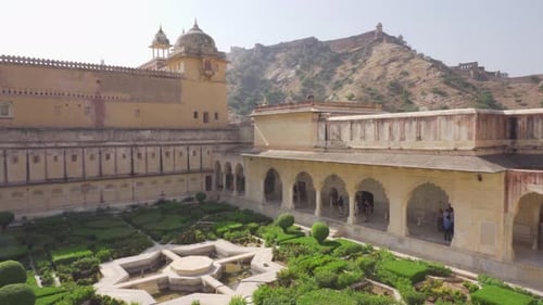 Scenic courtyard with garden in the Amer Fort and Palace