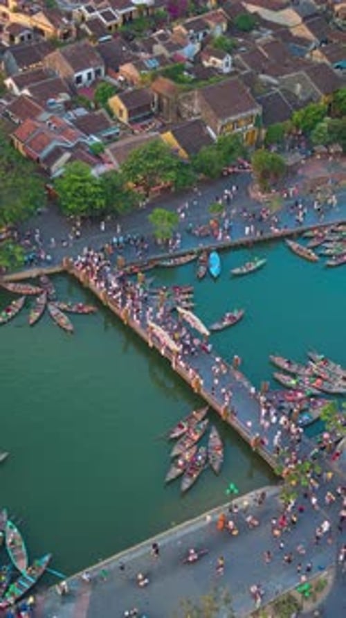 Hyperlapse by drone view of Hoi An Ancient Town at sunset or twilight