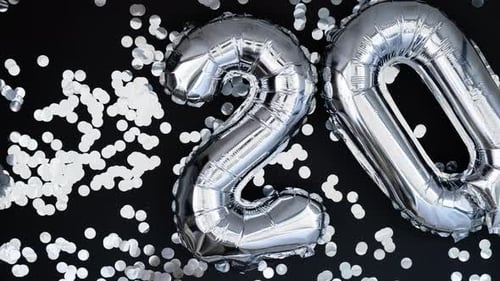 Stop Motion Happy New Year 2027 Metallic Balloons with Confetti on Dark Black Background Greeting