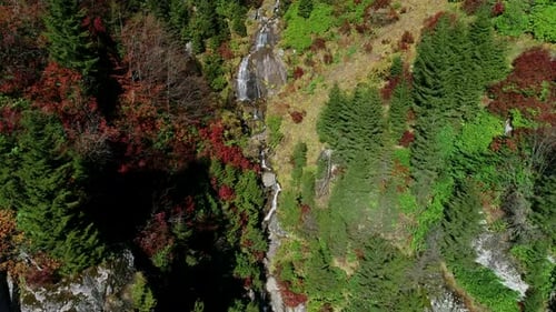 Aerial View of Mountain Waterfall in Lush Forest