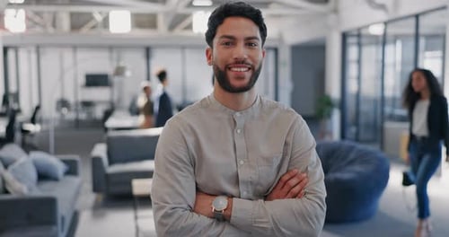 Leadership, smile and face of business man in office with crossed arms for ideas, vision and goals