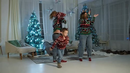 Festive Family Dances in Decorated Christmas Living Room