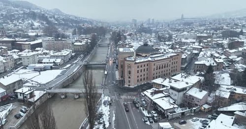 Sarajevo City Hall or National Library in Town Center Aerialhyper Lapse or Time Lapse