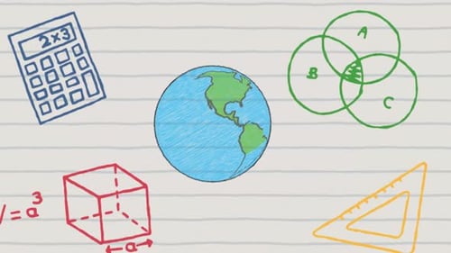 Animation of hand drawn globe and school icons on ruled paper