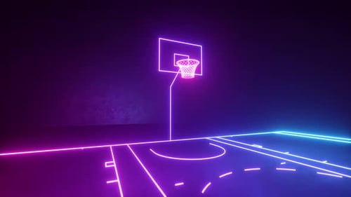 Die Kamera fliegt um den neonfarbenen Basketballplatz