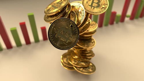 Bitcoin tower grows and flies through the air towards camera