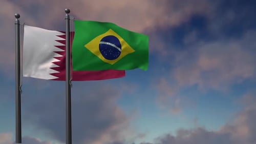 Qatar and Brazil National Flags Waving Against Cloudy Sky