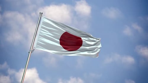 Realistic Waving Flag of Japan with Blue Sky and Clouds