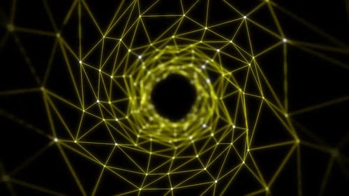 Abstract yellow color plexus tunnel background. Network connected data tunnel background animation .