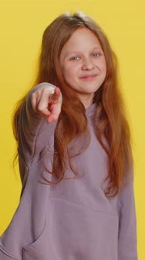 Happy Child Girl Kid Pointing Forward to Camera Choosing Lucky Victory Winner Indicating Promotion