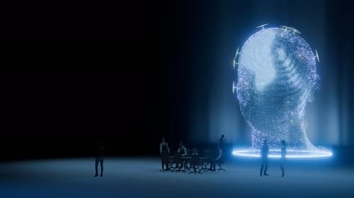 Discussion d'équipe commerciale dans un environnement futuriste