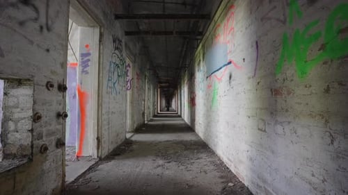 At far end of the corridor, shrouded in dim light, shadowy figure waits