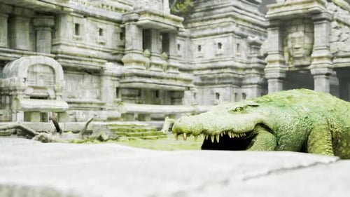 Crocodile se reposant près de ruines anciennes dans un environnement luxuriant