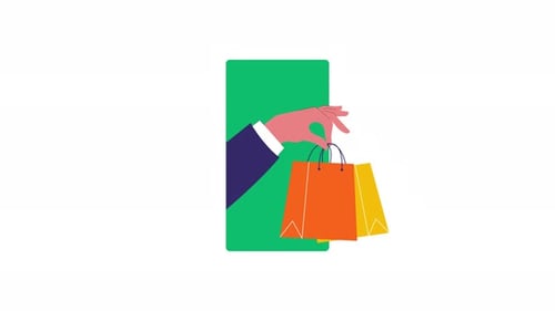 Flat Design Animation of Hand Holding Shopping Bags from a Screen
