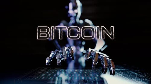 Bitcoin Text Animated With Ai Robot Businessman Typing On A Futuristic Keyboard V2