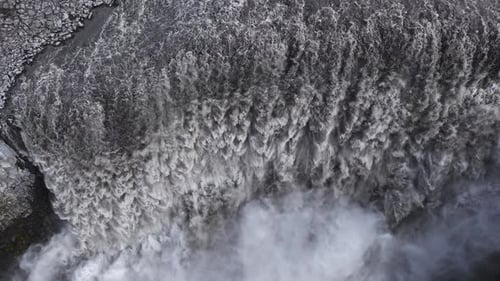 Aerial View of Dettifoss Waterfall with Dynamic Cascading Water