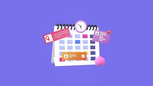 Animierter Kalender mit Icons für Planung, Erinnerungen und Zeitmanagement.