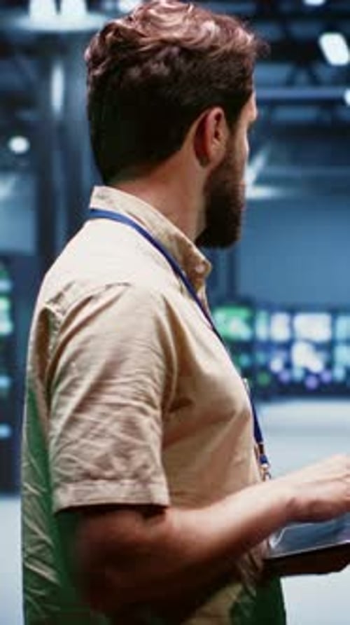 Man Working on Laptop in Server Room
