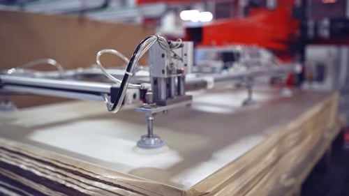 Robotic device taking the list of solar cell. Contemporary plant of producing solar panels.