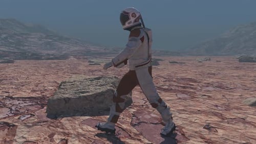 Futuristic Astronaut Walking on Mars-like Planet 3D Animation