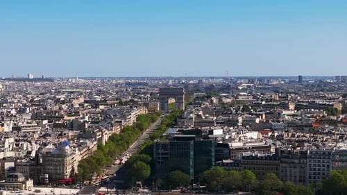 Aerial Footage of Wide Boulevard and Arc De Triomphe Sightseeing in European Metropolis Paris France