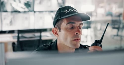 Man, security guard and radio with surveillance check for safety monitoring or response in building
