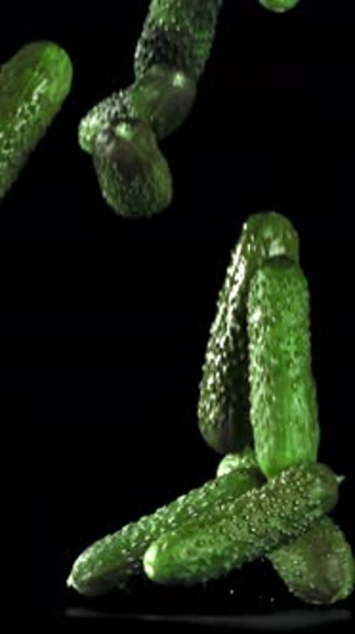 Cucumbers Fall on the Table on a Black Background Filmed on a Highspeed Camera at 1000 Fps