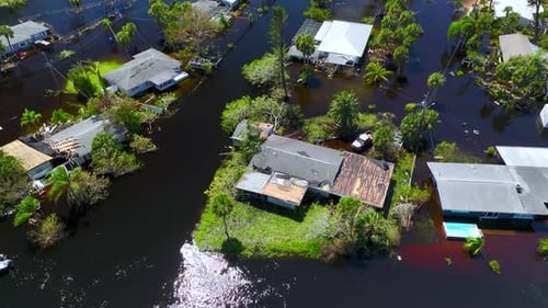 Flooded Residential Houses By Hurricane Ian Rainfall in Florida Residential Area