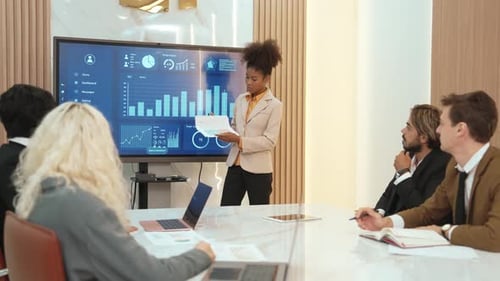 Presentation in office or ornament meeting room with analyst team