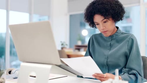 Business woman, documents and reading report on human resources, review and application