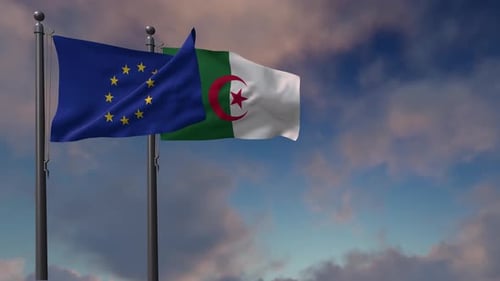European Union and Algeria Flags Waving Together
