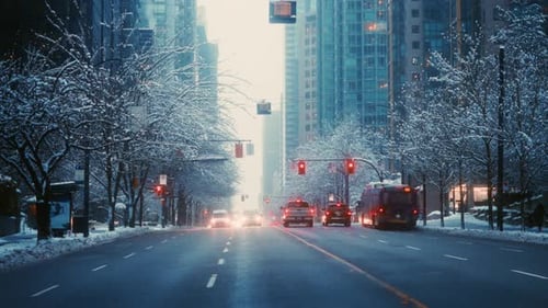Überqueren der Straße mit Autos und Bussen Verkehrsschilder rote Ampeln zwischen den Wolkenkratzern in