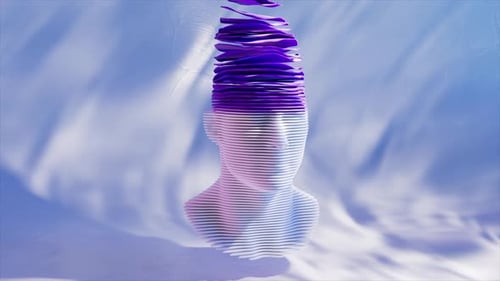 Purple Liquid Matter is Slowly Flowing Down Covering and Dissolving a White Male Head Bust Made of