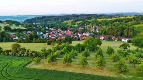 Small Village with Farms Trees Agricultural Fields and Orchards in Sunlight