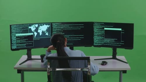 Back View Of Bored Asian Woman Developer Write Code With Multiple Screens In Green Screen