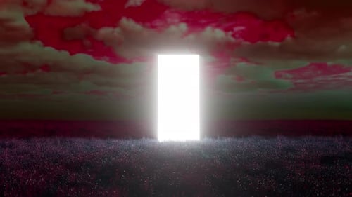 Porta brilhante que se abre para luz branca em uma paisagem surreal