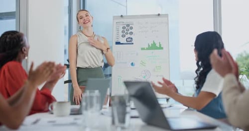 Thank you, presentation and applause with business people in boardroom of office together