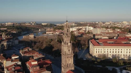 Clerigos tower in Porto in Portugal seen from a drone