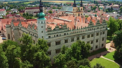 Ancient Bouzov Castle with Green Dome and Pointed Red Roof