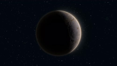 Abstract space spinning brown planet luminous sphere round rusty with texture relief desert
